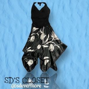 Charlotte Russe Halter Handkerchief Dress Black Flowers Silky Material EUC